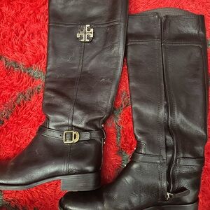 Tory Burch Black Leather Boots with Gold Accents